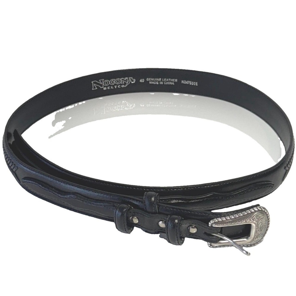Nocona Black Leather Western Belt Silver Buckle Braided Sz Mens 40 Double Tongue